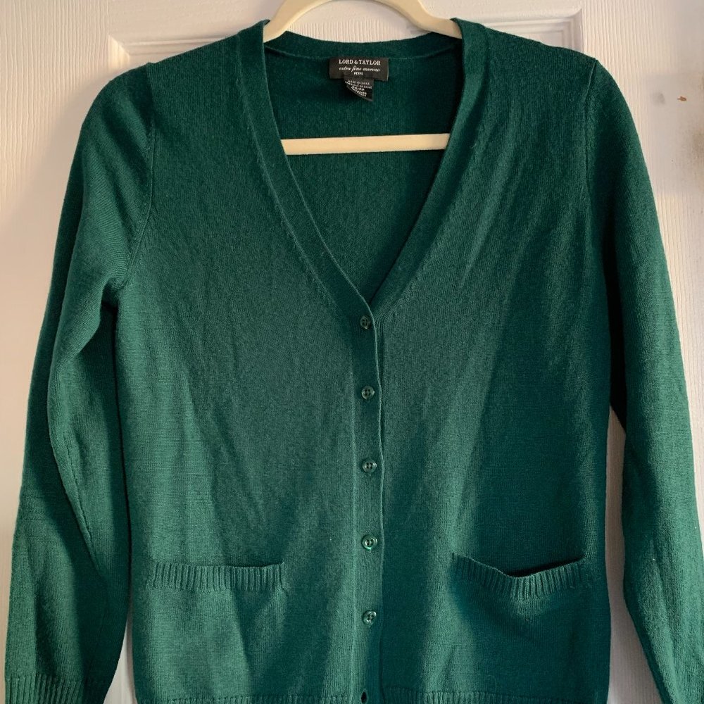 Hunter Green Lord and Taylor Sweater Cardigan 100& Merino Wool